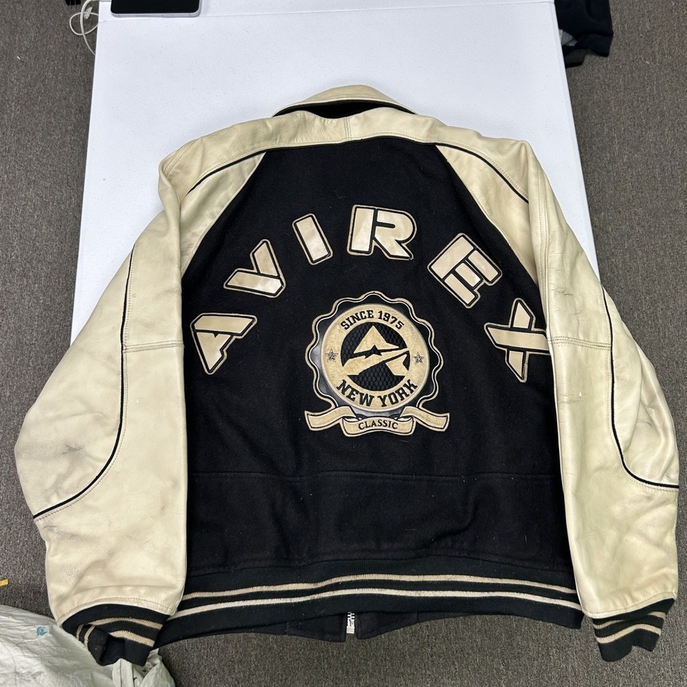 Avirex Varsity Jacket Mens XXL Black Cream Leather Wool Full Zip Logo